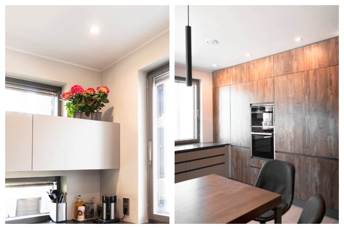 Jaa kuva: Vasemmalla Espoon Kaitamäen kodikas keittiönurkkaus, jossa kukkia kaappien päällä. Oikealla moderni keittiö puisilla paneelikaapeilla - täydellinen LedStore.fi:n valaistuskokonaisuus nelihenkisen perheen kotiin. - LedStore keittiövalaistus spoteilla