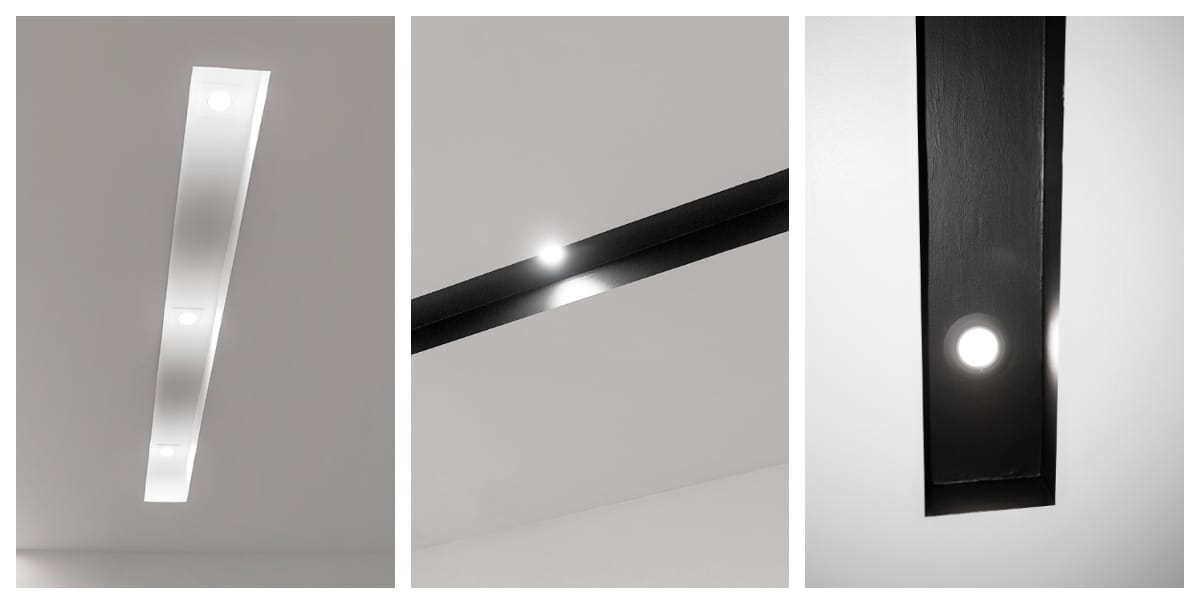 Kansikuvakollaasi valokourut - LedStore Kuva 1: Upotettu valkoinen LED-valonauha kattoon. Kuva 2: Musta LED-nauha kahdella pyöreällä valolla. Kuva 3: Lähikuva mustasta LED-nauhasta, yksi pyöreä valo.