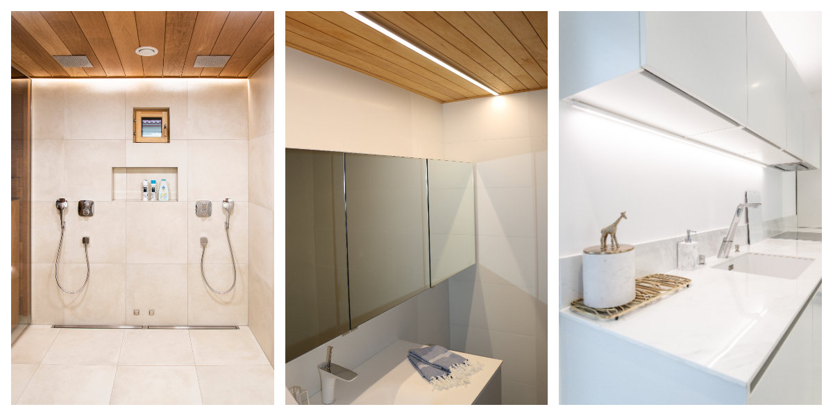 Kuva 2 Led-nauhavalaistuskohteet kuvakollaasi - LedStore Kolme modernia kylpyhuoneen sisustusta: varustettu kylpyhuoneessa on yksinkertainen suihku, jossa on kaksi suihkupäätä ja upotetut LED-valot; kylpyhuoneeseen näyttää peili ja minimalistinen allas; kolmannessa on tyylikäs taso, jolla on hygieniatuotteita ja kirahviveistos. Kaikki valaistukset toteutettu LedStore.fi:n LED-ratkaisuilla.