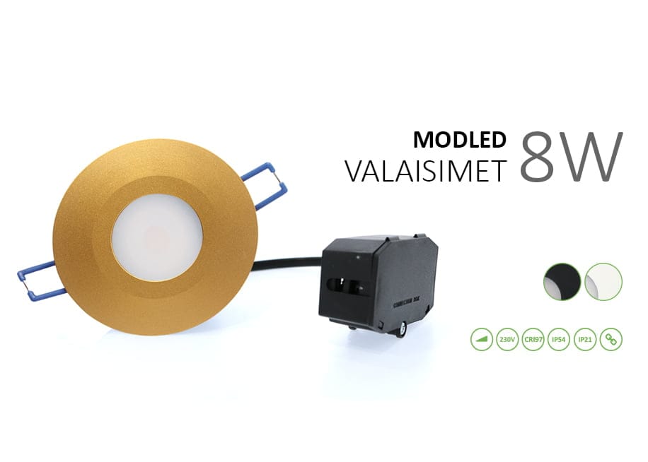 ModLed blogi banneri - LedStore Kullanvärinen pyöreä LED-valo "MODELED VALAISIMET 8W" mustalla virtalähteellä, 230V, CRI95, IP44/IP21-luokiteltu tyylin ja toimivuuden vuoksi.