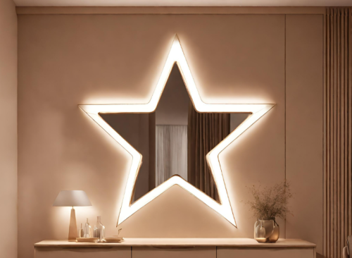 Tähtipeili vaatehuoneessa, AI - LedStore Beigen seinän kaunistaa LedStore.fi:n LED-reunuksilla valaistu tähtimäinen peili. Sen ala side on vaalea konsolipöytä, jonka päällä on lamppu, kaksi pientä pulloa sekä maljakko kuivista kasveista. Huoneen sisustus huokuu asianmukaisen neutraalia värimaailmaa.