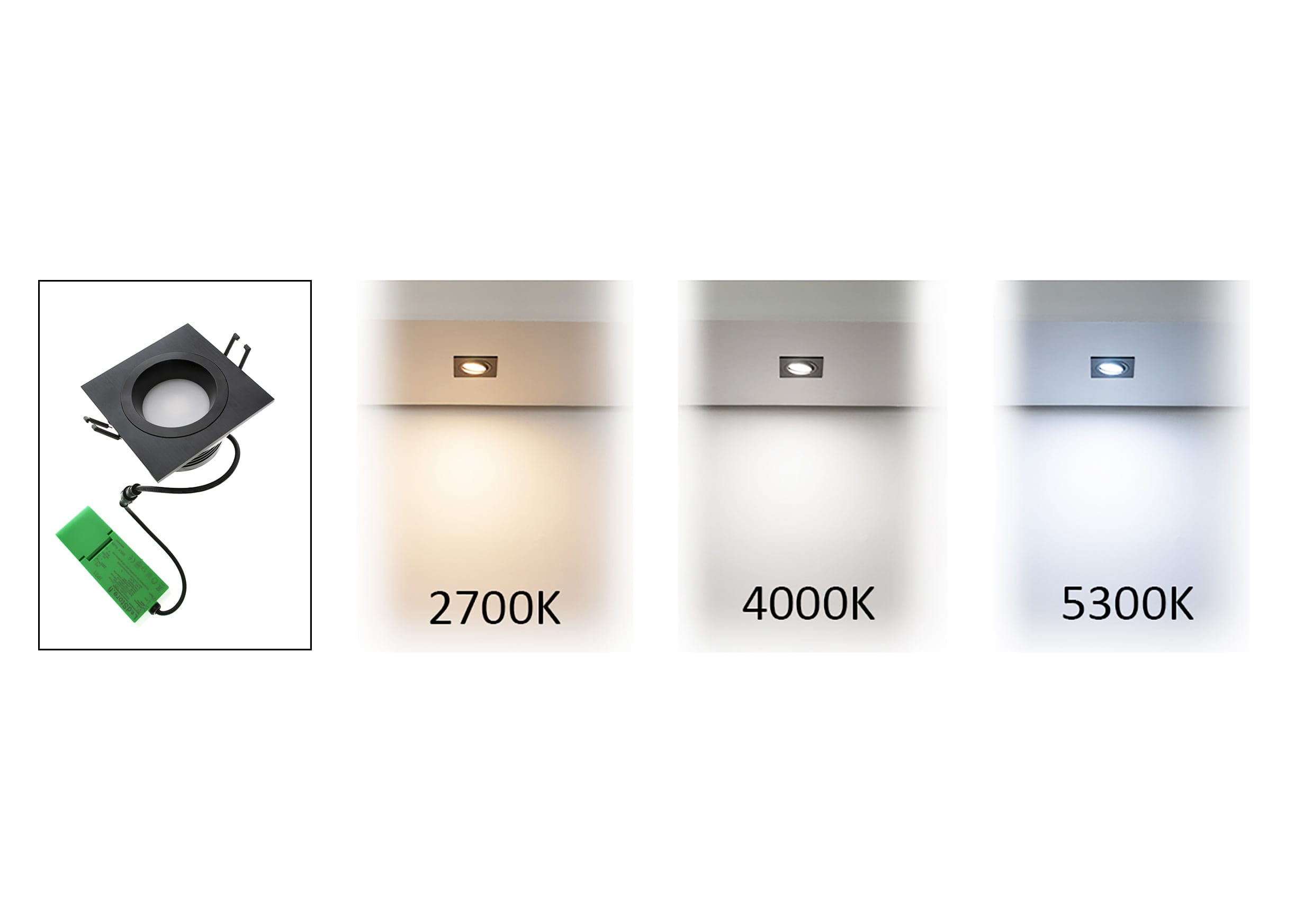 cct spotti banneri - LedStore Musta neliö LED-valo säädettävällä värilämpötilalla: lämmin valkoinen 2700K, neutraali valkoinen 4000K, kylmä valkoinen 5300K. Monipuolinen valaistus mihin tahansa tunnelmaan.