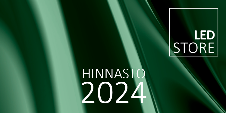 Tumma vihreä tausta, jonka päällä tekstillä lukee "Hinnasto 2024". Yläkulmassa on valkoinen neliö, jossa on suluin ja lihavoiduin kirjaimin "LedStore.fi", korostaen verkkokaupan ajankohtaista LED-valaistusinnovaatioita.