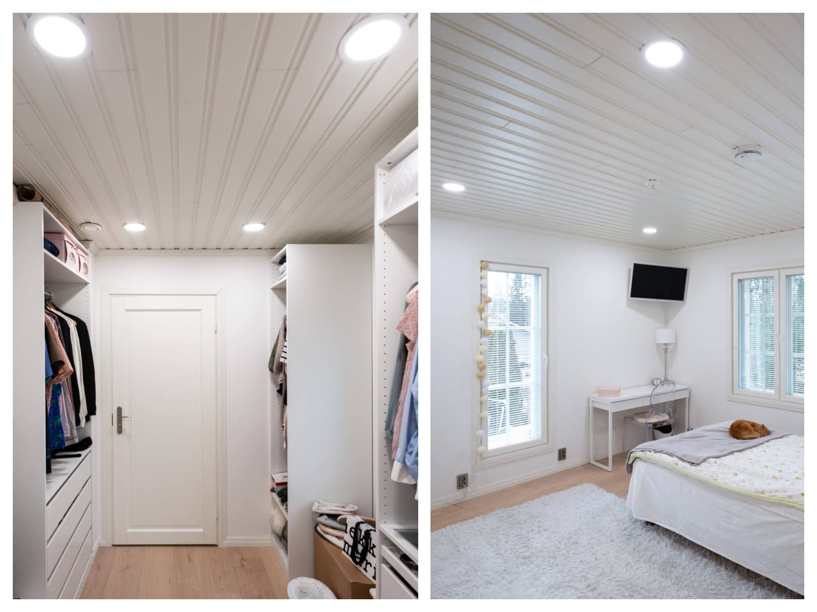 plafondikollaasi kansikuva - LedStore Vaatehuone LED-valaistuilla hyllyillä, puulattia; viihtyisä makuuhuone, jossa valkoinen peitto, seinä-tv, pörröinen matto. Katto-LED-valot valaisevat molempia tiloja.
